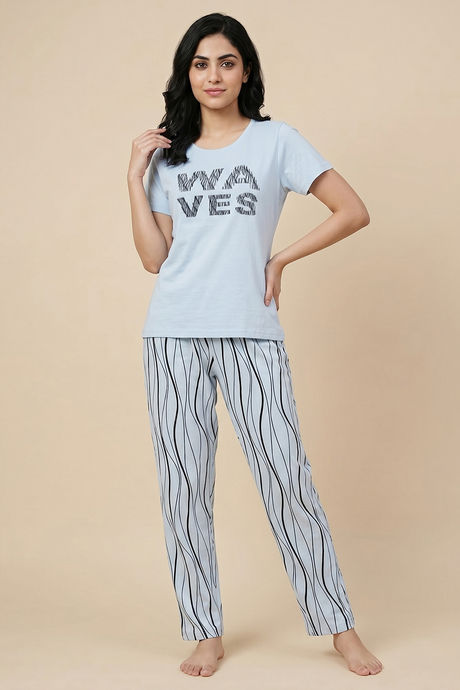 Zivame Wavy Stripes Knit Cotton Pyjama Set - Ice Water — image 5